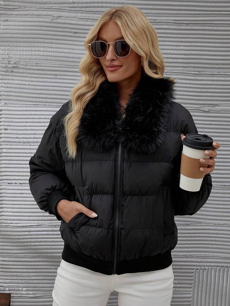 Patchwork Collar Zipper Front -Padded Padded Coat Clothes Winter Fall Cloth For Women