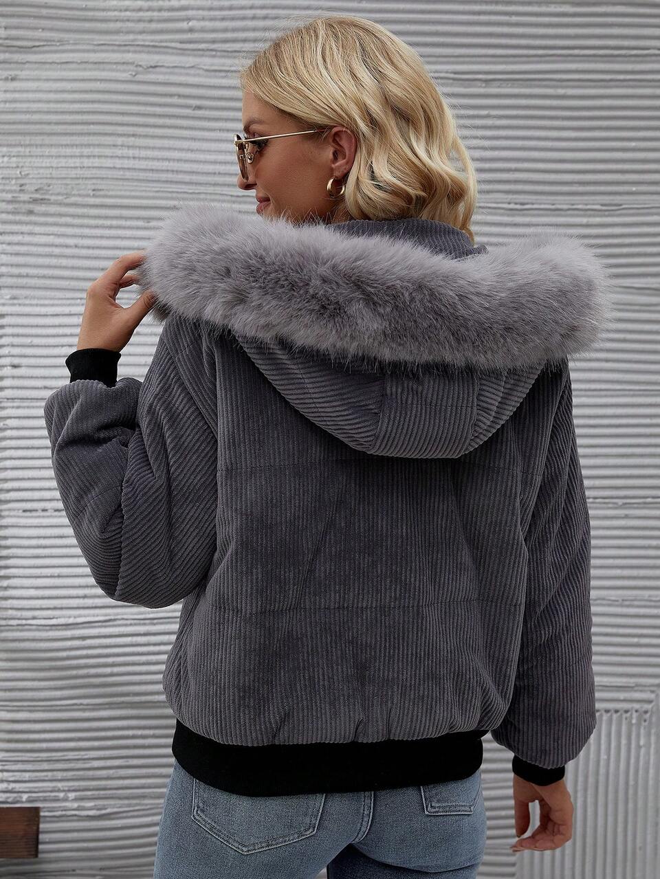 Hooded Corduroy Padded Padded Coat Clothes Winter With Fur Collar