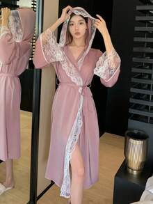 DAZY Women's Lace Patchwork Belted Robe - Pink - View 4