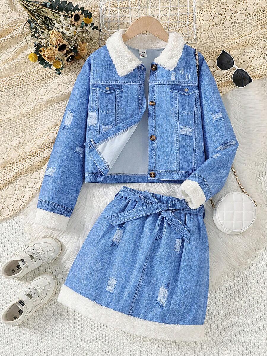 SHEIN Cô gái Tween Denim Hiệu ứng In Viền tương phản Áo khoác Và Bộ váy - Nhiều màu - Xem 1