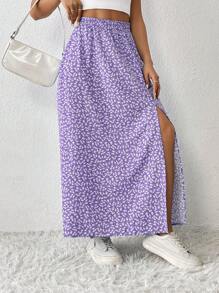 SHEIN PETITE Falda Con Abertura Alta Y Estampado Floral Para Mujer - Morado - Ver 4
