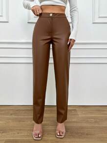EURMUSE Women's Pu Straight Leg Pants - Camel - View 5