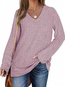 女士純色長袖v領時尚休閒秋冬毛衣上衣 - 紫色 - 查看 1