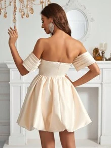 SHEIN Belle Strapless Off Shoulder Pleated Sleeve Flower Hem Women's Cocktail Dress - Mauve Purple - View 2