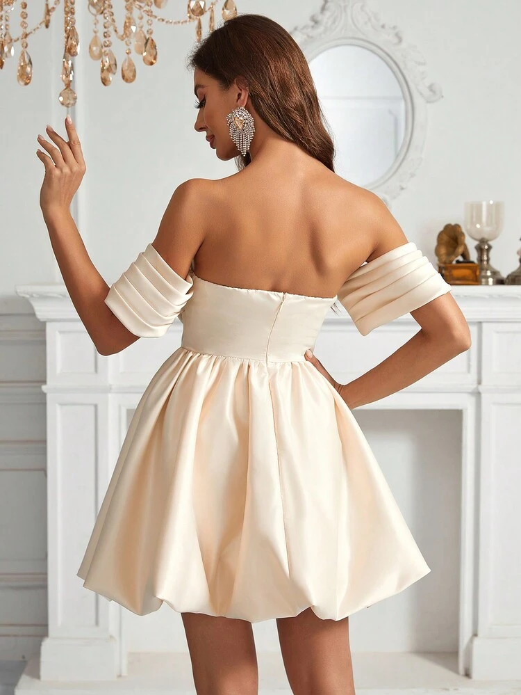 Strapless Off Shoulder Pleated Sleeve Flower Hem Women's Cocktail Dress