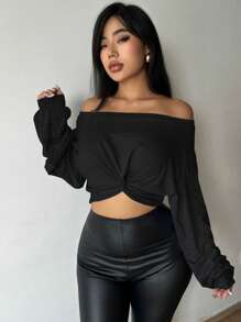 VaVaBold Off-shoulder Nút phía trước Quần skinny Áo thun - màu đen - Xem 4