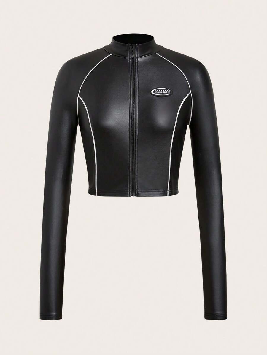 SHEIN ICON 字母補丁細節拼接滾邊短款T恤 - 黑色 - 查看 1