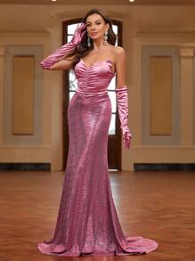 SHEIN Belle Ladies' Cocktail Evening Dress (Heavy) With Mixed Material, Strapless Design, Gloves And Fish Tail Hem Gown Evening Gown - Pink - View 4