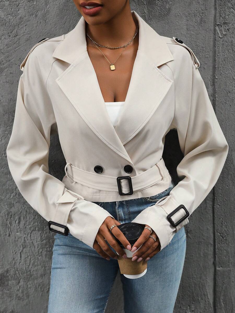 SHEIN Privé 女性腰帶短式風衣,附有翻領領口