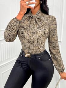 SOLERSUN Knotted Front Balloon Sleeve All Over Print Blouse,Long Sleeve Tops - Khaki - View 6