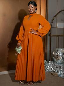 Plus Size Women's Brown Solid Keyhole Neck Lantern Sleeve Ruched Elegant Dress, Suitable For Party, Club, Birthday, Banquet, Evening, Ball, New Year And Other Occasions - Brown - View 7