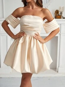 SHEIN Belle Strapless Off Shoulder Pleated Sleeve Flower Hem Women's Cocktail Dress - Mauve Purple - View 6