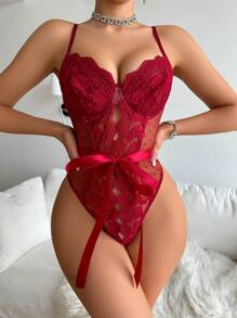 Women's Lace Ribbon Belt Sexy Spaghetti Strap Bodysuit Lingerie - Burgundy - View 1