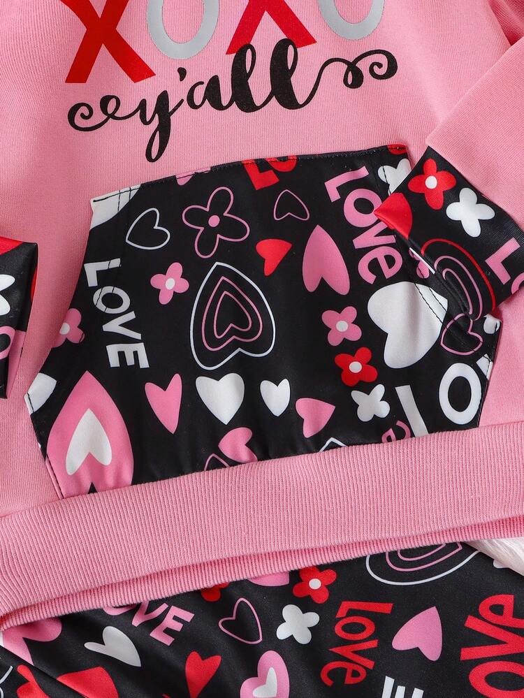 SHEIN Ensemble De Survêtement Pour Tout-petite Fille Automne Avec Patchwork De Cœur Et De Lettre Sur La Capuche Et Leggings Extensibles Pour Une Tenue Décontractée - Rose bonbon - Voir 5