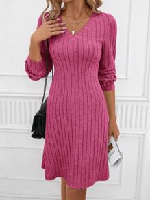SHEIN Clasi 女性v領肋紋連衣裙 - 玫紅色 - 查看 6