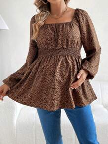 SHEIN 女用孕婦裹身豹紋方領喇叭袖腰繫帶襯衫 - 咖啡棕 - 查看 1