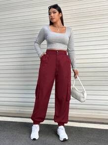 SHEIN EZwear 大碼褲子 - 酒紅色 - 查看 6