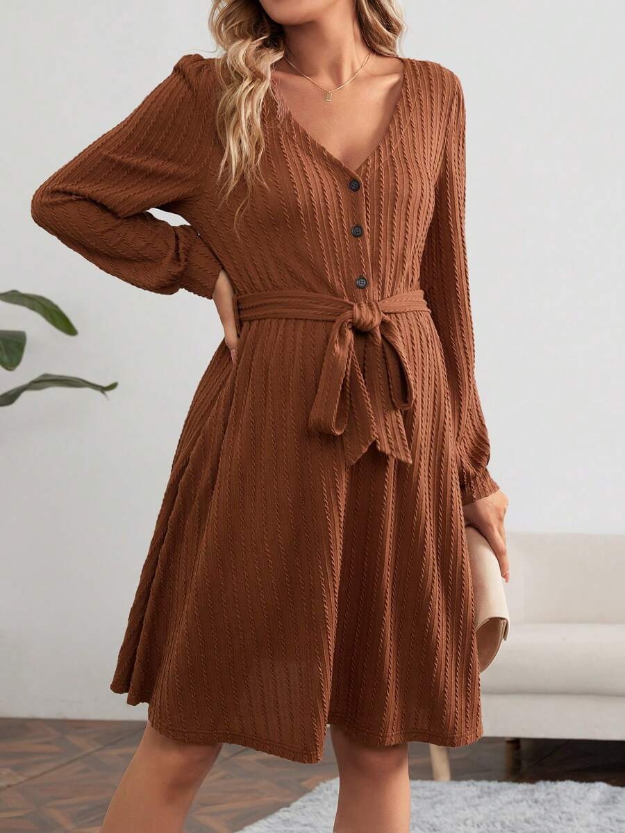 SHEIN 純色腰帶休閒裙 - 棕色 - 查看 1