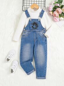 SHEIN Nhỏ bé Cô gái Nhân vật In Quần yếm Denim - Rửa trung bình - Xem 1