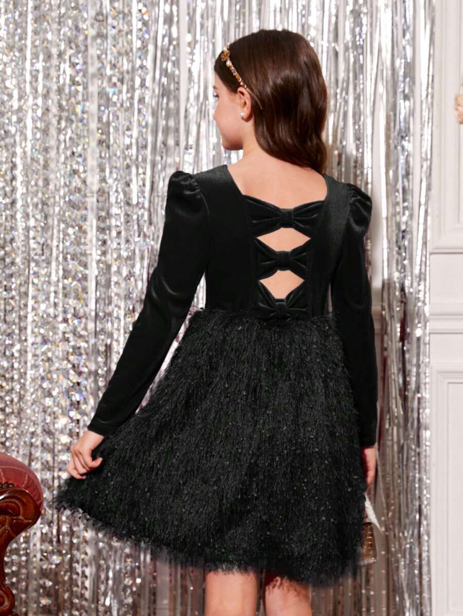 SHEIN Cô gái Vòng cổ Chất vải Đầm giản dị Với Sọc Chi tiết , Màu thuần - màu đen - Xem 1