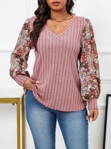 SHEIN LUNE Áo thun dài tay in hoa cỡ lớn dành cho nữ, áo kiểu nữ cho mùa xuân. - Nhiều màu - Xem 1