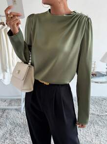 SHEIN Clasi Chất rắn Xù Ống tay áo Áo sơ mi - xanh quân đội - Xem 1