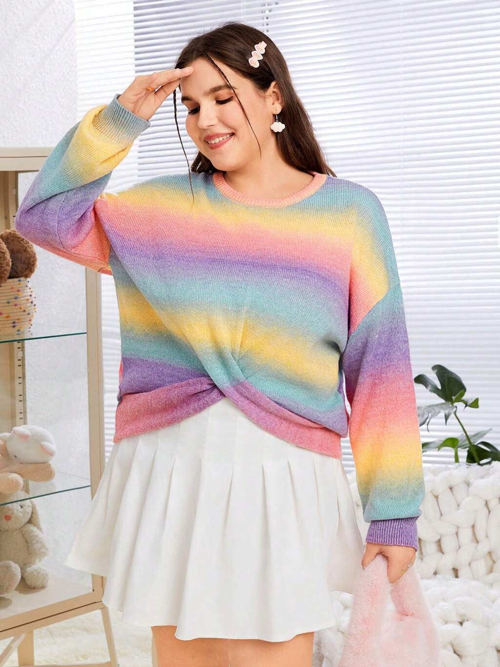 Women's Plus Size Round Neck Cross Back Hem Colorful Gradient Sweater With Drop Shoulder