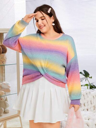 Women's Plus Size Round Neck Cross Back Hem Colorful Gradient Sweater With Drop Shoulder