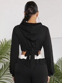 SHEIN SXY 女款十字剪裁鬆緊繩帽黑色運動衫 - 黑色 - 查看 2