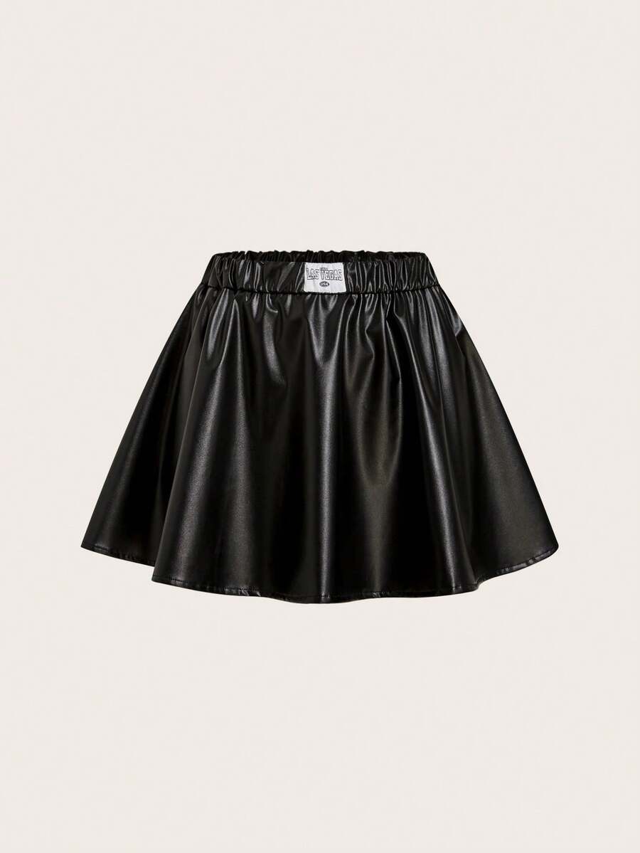 SHEIN Coolane Letter Patched PU Leather Flare Skirt - Black - View 1