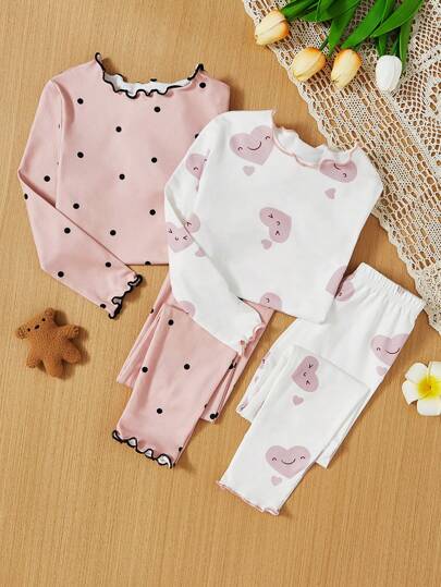 SHEIN 年輕女孩2入組心形和圓點印花莴苣邊睡衣套裝