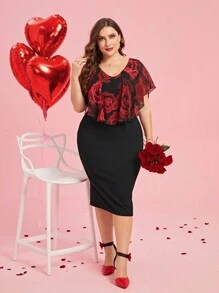 SHEIN Clasi Bloemenpatroon Korte Mouw Plus Size Lente Bruidsjurk, Valentijnsdag