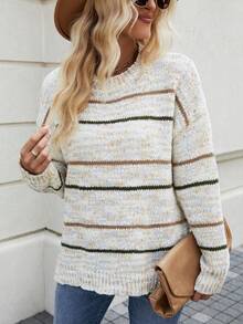 SHEIN Frenchy Suéter De Mujer Con Cuello Redondo, Rayas Y Hombros Caídos - Multicolor - Ver 3