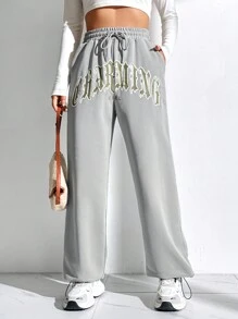 SHEIN EZwear Women's Letter Print Jogger Pants - Grey - View 5