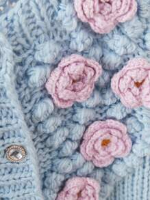 SHEIN LUNE Hoa nổi Nút phía trước Áo len Mở - Màu xanh lam - Xem 5