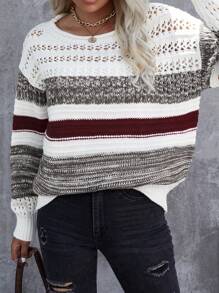 EURMUSE Dropped Shoulder Striped Sweater - Maroon - View 4