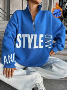 Cottnline Letter Graphic Half Zip Drop Shoulder Sweatshirt - Blue - View 1