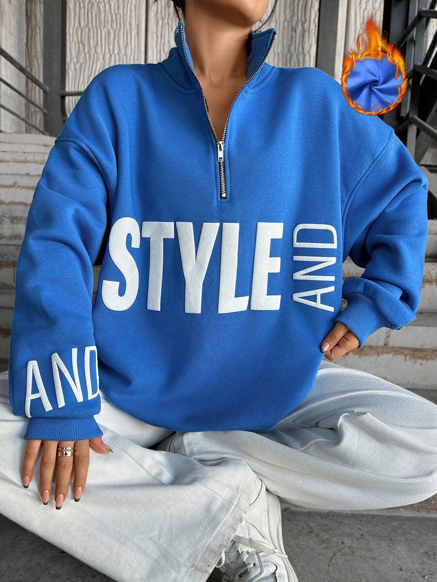 Cottnline Letter Graphic Half Zip Drop Shoulder Sweatshirt - Blue - View 1