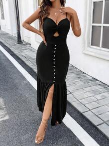 Vestido de tirantes con detalle de trenzado y abertura hueca, sexy para vacaciones