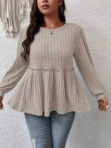 SHEIN Clasi 大碼雜色針織荷葉邊下擺T恤 - 卡其色 - 查看 5