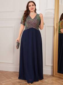 UNITHORSE Plus Size Women Sequin Colorblock V-Neck Party Dress - Navy Blue - View 6
