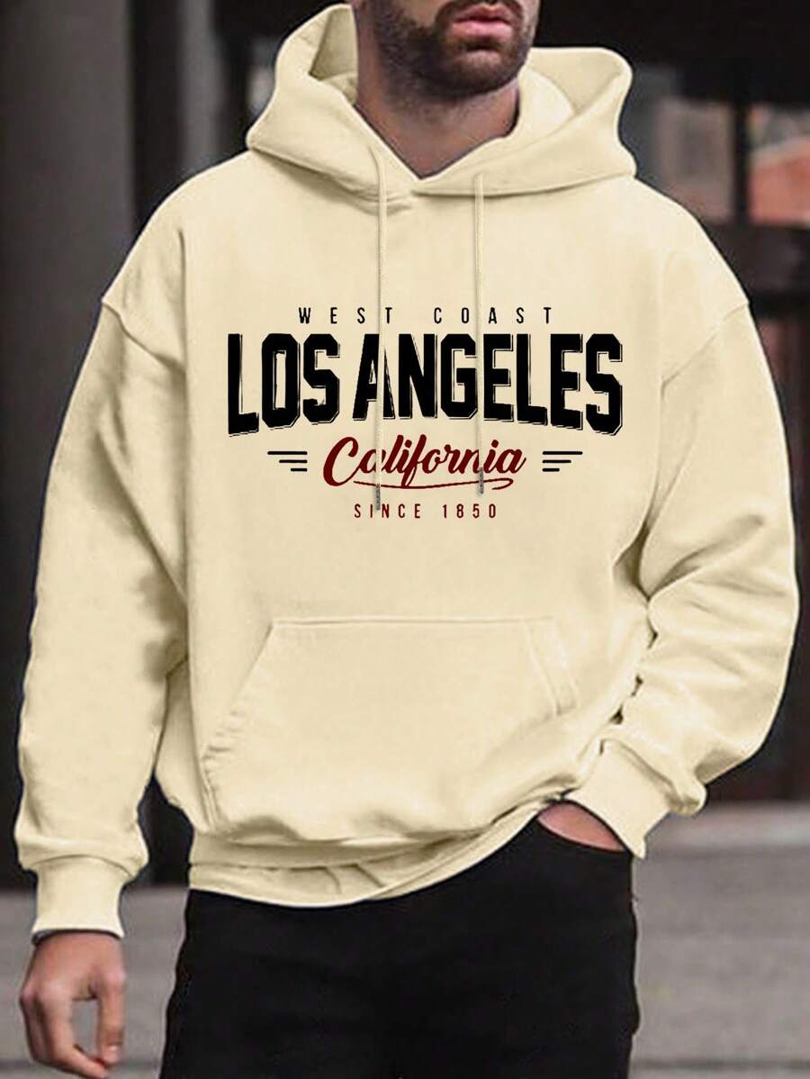 Men Letter Graphic Kangaroo Pocket Drawstring Thermal Hoodie - Apricot - View 1