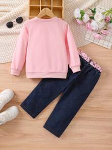 SHEIN 小女孩使命印花圓領運動衫和心型印花褲子 - 粉色 - 查看 2