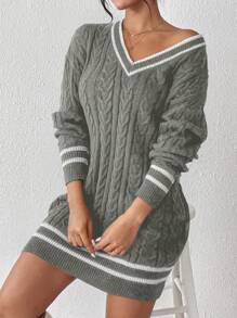 SHEIN Essnce Quý cô Phong cách đại học Sọc Đầm Áo len - Xám - Xem 1