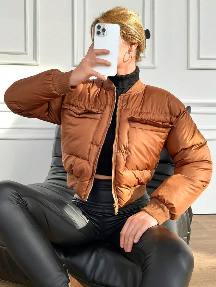 RueChic Women's Short Zip-up Baseball Collar Padded Jacket - Brown - View 1