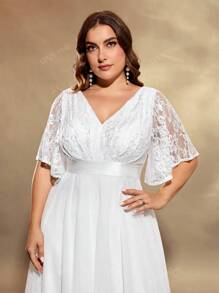 UNITHORSE Plus Size Women Elegant Romantic Lace Placement Floral Sheer Short Sleeve Stand Collar Embroidered White Wedding Dress, All White Party Outfit Women