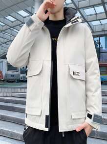 Men's Patch Letter Print Hooded Padded Coat - Apricot - View 1