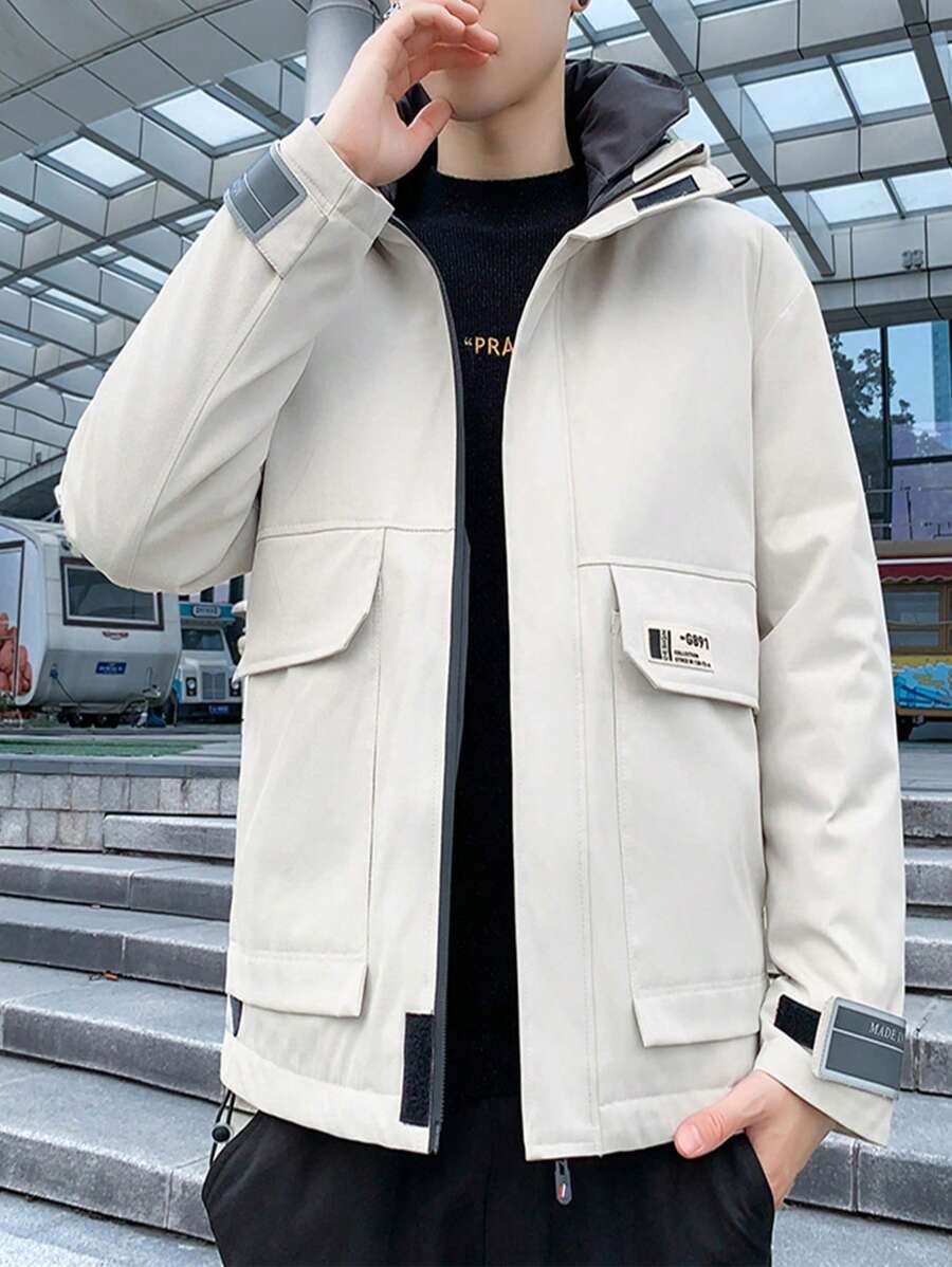 Men's Patch Letter Print Hooded Padded Coat - Apricot - View 1