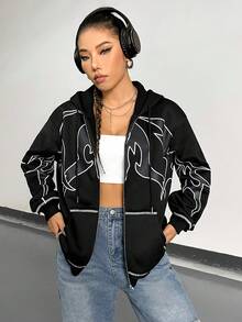 SHEIN Unity Graphic Print Drop Shoulder Zip Up Hoodie - Black - View 3