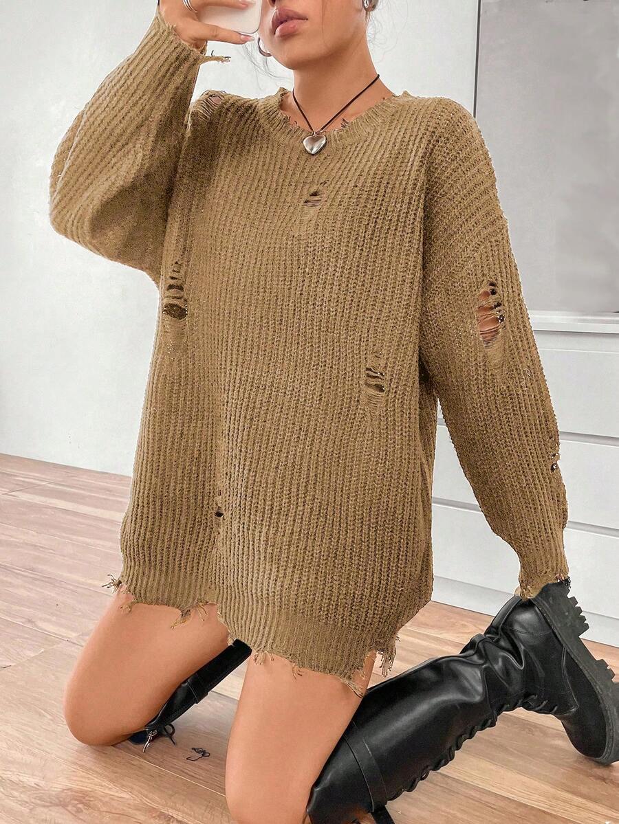 SHEIN Unity Màu thuần Vòng cổ Thả vai Áo len Distressed - Màu Khaki - Xem 1